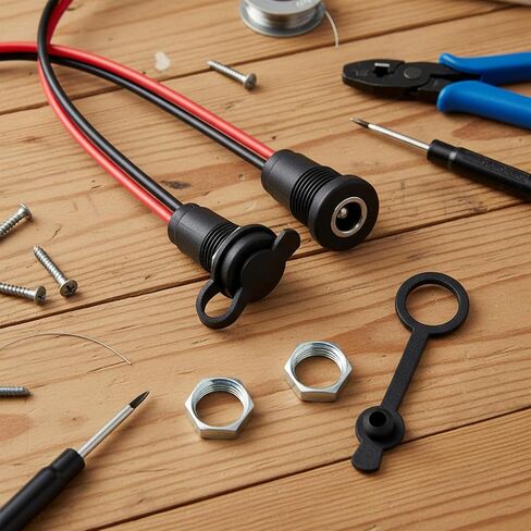 6 Pcs 10A DC-099 Power Jack Cord Socket, 5.5x2.5mm Barrel Connector Threaded Female Mount Connector Adapter with 5.9 Inch Long 18AWG Pre-soldered Wires and Waterproof Cover in Kuwait