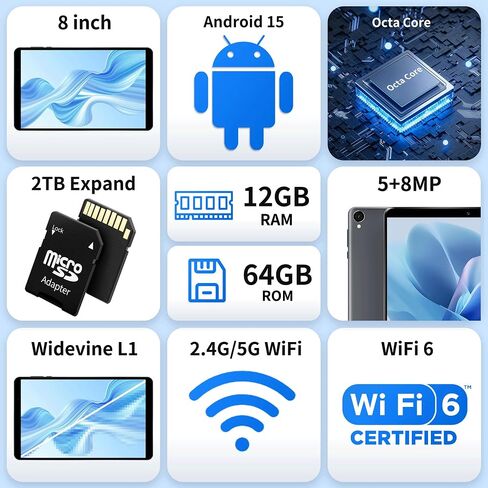 تابلت Topsand 2025 Android 15 مقاس 8 بوصات، معالج ثماني النواة، ذاكرة وصول عشوائي 12 جيجا بايت، ذاكرة تخزين داخلية 64 جيجا بايت، 2 تيرابايت قابلة للتوسيع، شاشة IPS HD 1280 * 800، WiFi6، BT5.4، Widevine L1، تابلت كاميرا مزدوجة 5MP+8MP in Kuwait
