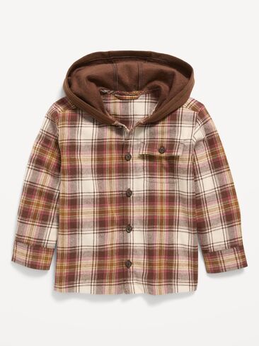 Old Navy Long-Sleeve Hooded Flannel Shirt for Toddler Boys - Brown Plaid in Kuwait