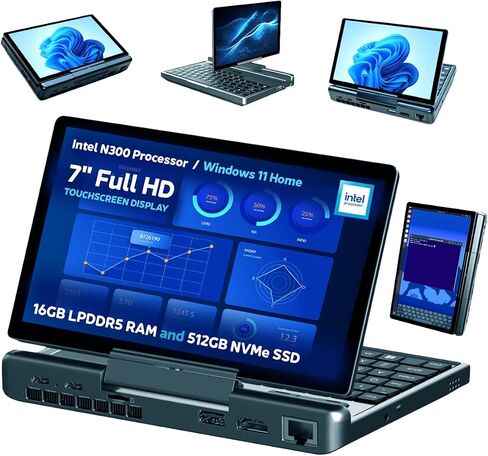 GPD MicroPC 2 | Portable Mini Laptop with 7" 1080P Display | with Intel Processor N300, UHD Graphics; 16GB LPDDR5, 512GB NVMe SSD; 2.5G Ethernet, USB-C, HDMI 2.1, Wi-Fi 6, BT 5.2 in Kuwait