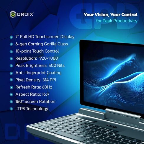 GPD MicroPC 2 | Portable Mini Laptop with 7" 1080P Display | with Intel Processor N300, UHD Graphics; 16GB LPDDR5, 512GB NVMe SSD; 2.5G Ethernet, USB-C, HDMI 2.1, Wi-Fi 6, BT 5.2 in Kuwait