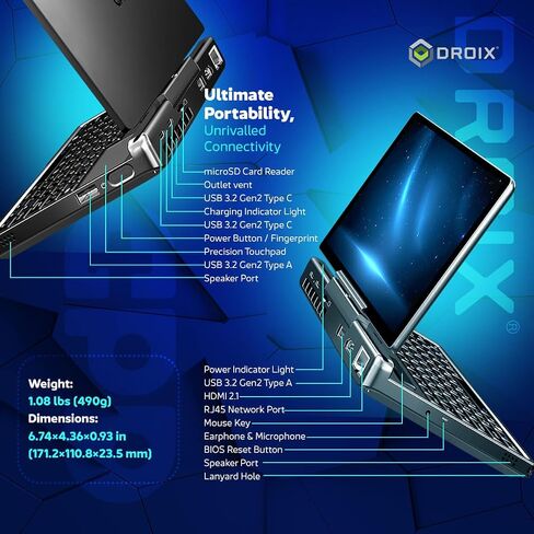 GPD MicroPC 2 | Portable Mini Laptop with 7" 1080P Display | with Intel Processor N300, UHD Graphics; 16GB LPDDR5, 512GB NVMe SSD; 2.5G Ethernet, USB-C, HDMI 2.1, Wi-Fi 6, BT 5.2 in Kuwait
