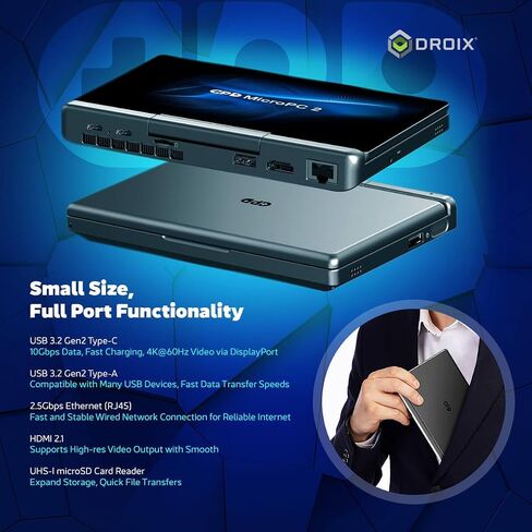 GPD MicroPC 2 | Portable Mini Laptop with 7" 1080P Display | with Intel Processor N300, UHD Graphics; 16GB LPDDR5, 512GB NVMe SSD; 2.5G Ethernet, USB-C, HDMI 2.1, Wi-Fi 6, BT 5.2 in Kuwait