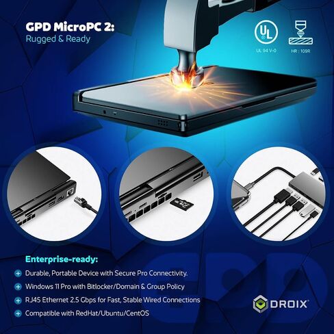 GPD MicroPC 2 | Portable Mini Laptop with 7" 1080P Display | with Intel Processor N300, UHD Graphics; 16GB LPDDR5, 512GB NVMe SSD; 2.5G Ethernet, USB-C, HDMI 2.1, Wi-Fi 6, BT 5.2 in Kuwait