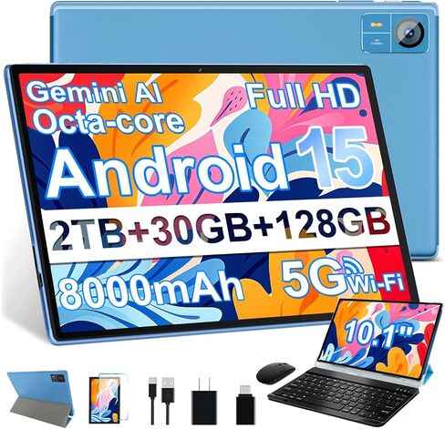 Android 15 Tablet 30GB RAM 128GB ROM 2TB Expand, 10.1 Inch Tablets with Keyboard Mouse, Octa-Core, 8000mAh, HD IPS Display, 5G WiFi BT 5.0 GPS, Widevine L1, Gemini AI, Dual Camera - Blue in Kuwait