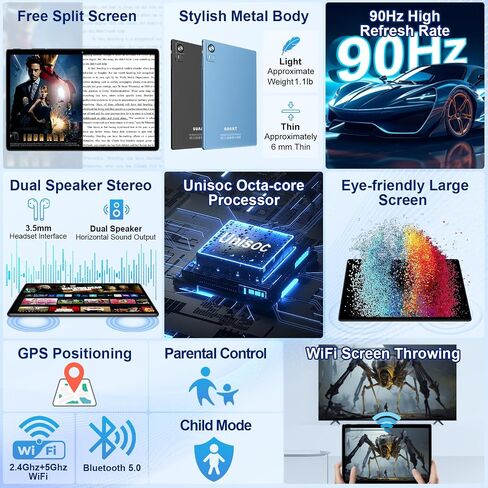 Android 15 Tablet 30GB RAM 128GB ROM 2TB Expand, 10.1 Inch Tablets with Keyboard Mouse, Octa-Core, 8000mAh, HD IPS Display, 5G WiFi BT 5.0 GPS, Widevine L1, Gemini AI, Dual Camera - Blue in Kuwait