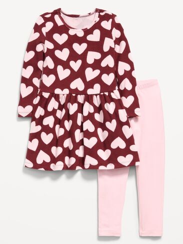 Old Navy Printed Waffle Knit Dress and Leggings Set for Toddler Girls - Burgundy Ground Hearts in Kuwait