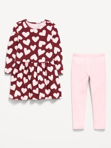 Old Navy Printed Waffle Knit Dress and Leggings Set for Toddler Girls - Burgundy Ground Hearts in Kuwait