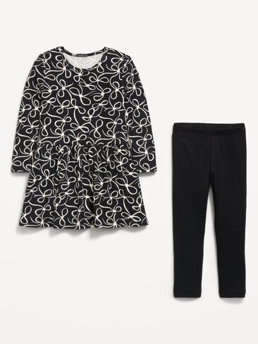 Old Navy Printed Waffle Knit Dress and Leggings Set for Toddler Girls - Black Bow in Kuwait