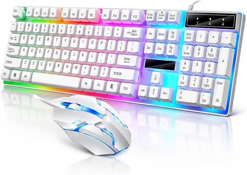 Gaming Keyboard 104 Keys Wired Gaming Keyboard and Mouse Set, RGB LED Backlight, USB, Full Size, White in Kuwait