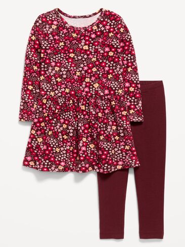 Old Navy Printed Waffle Knit Dress and Leggings Set for Toddler Girls - Burgundy Ditsy Floral in Kuwait
