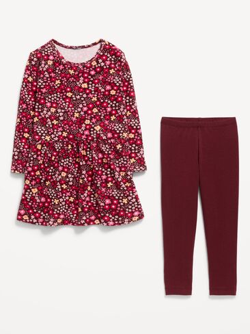 Old Navy Printed Waffle Knit Dress and Leggings Set for Toddler Girls - Burgundy Ditsy Floral in Kuwait