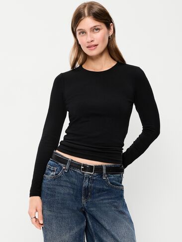 Old Navy Hug Double-Layer Crew-Neck Long-Sleeve Top - Black Jack in Kuwait