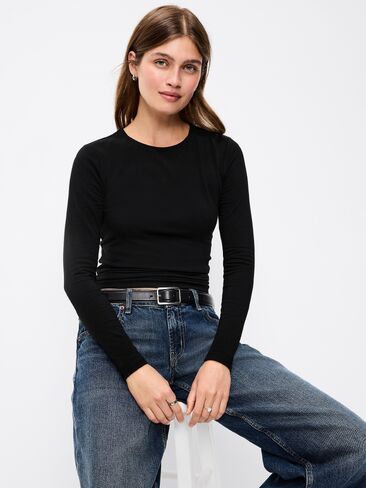 Old Navy Hug Double-Layer Crew-Neck Long-Sleeve Top - Black Jack in Kuwait