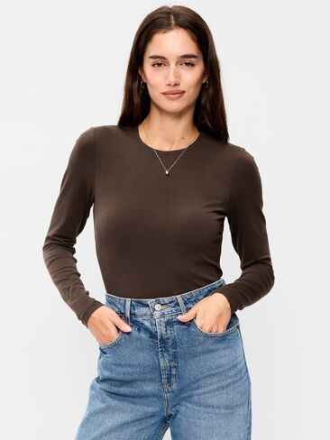 Old Navy Hug Double-Layer Crew-Neck Long-Sleeve Top - Black Coffee in Kuwait
