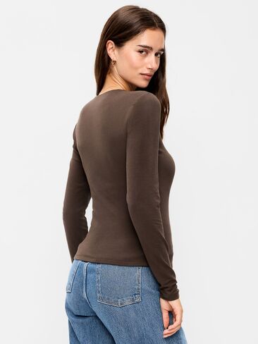 Old Navy Hug Double-Layer Crew-Neck Long-Sleeve Top - Black Coffee in Kuwait