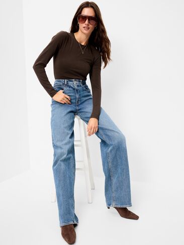 Old Navy Hug Double-Layer Crew-Neck Long-Sleeve Top - Black Coffee in Kuwait