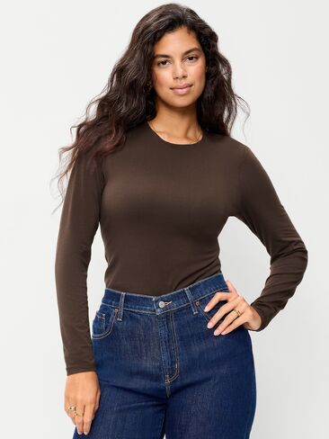 Old Navy Hug Double-Layer Crew-Neck Long-Sleeve Top - Black Coffee in Kuwait