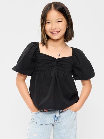 Old Navy Puff-Sleeve Tie-Back Crinkled Top for Girls - Black in Kuwait