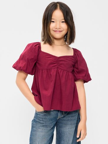 Old Navy Puff-Sleeve Tie-Back Crinkled Top for Girls - Chilled Berry in Kuwait