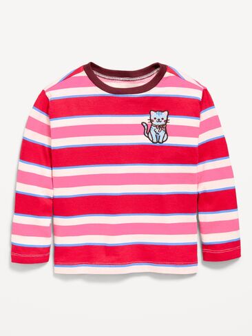 Old Navy Oversized Long-Sleeve Striped Graphic T-Shirt for Toddler Girls - Pink & Red Stripe in Kuwait