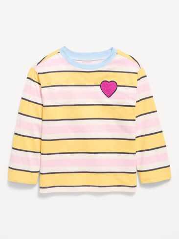 Old Navy Oversized Long-Sleeve Striped Graphic T-Shirt for Toddler Girls - White/Yellow Stripe in Kuwait
