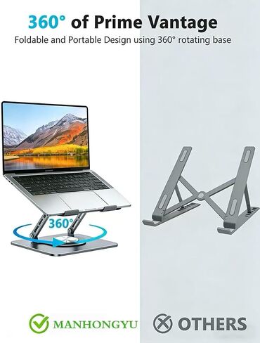 MANHONGYU 360 Rotating Laptop Stand，Ergonomic Foldable Computer Stand，Adjustable Height Laptop Metal Holder with All Laptops (10-16") - Grey in Kuwait