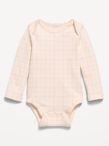 Old Navy Printed Long-Sleeve Ribbed Bodysuit for Baby - Pink Plaid in Kuwait