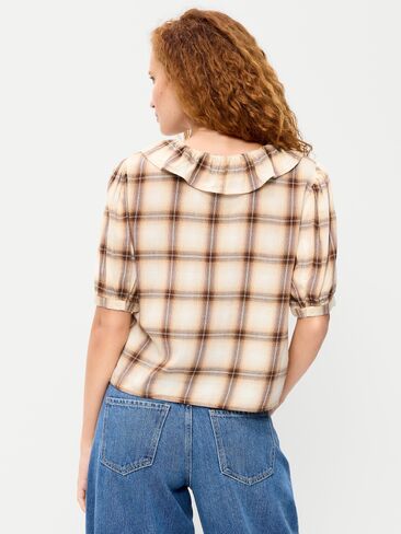 Old Navy Ruffle Collar Tie-Front Top - Brown Plaid in Kuwait