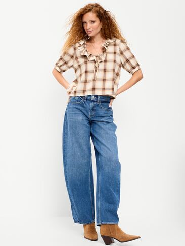 Old Navy Ruffle Collar Tie-Front Top - Brown Plaid in Kuwait