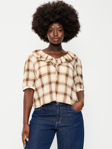 Old Navy Ruffle Collar Tie-Front Top - Brown Plaid in Kuwait