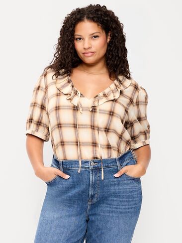 Old Navy Ruffle Collar Tie-Front Top - Brown Plaid in Kuwait