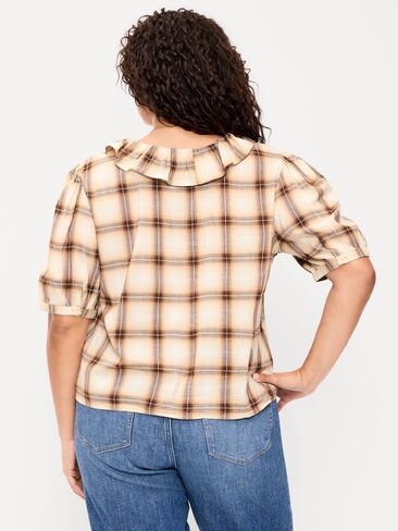 Old Navy Ruffle Collar Tie-Front Top - Brown Plaid in Kuwait