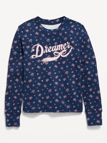 Old Navy Printed Long-Sleeve Ribbed T-Shirt for Girls - Navy Ditsy Floral in Kuwait