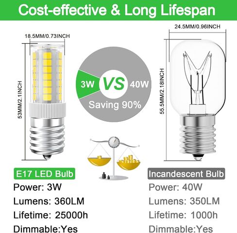 LED Microwave Light Bulbs Under Hood 40W Equivalent, E17 LED Bulb Dimmable for Range Hood, Refrigerator, 3W 360LM LED Appliance Light Bulb Over Stove, Natural White 4000K, 2-Pack in Kuwait