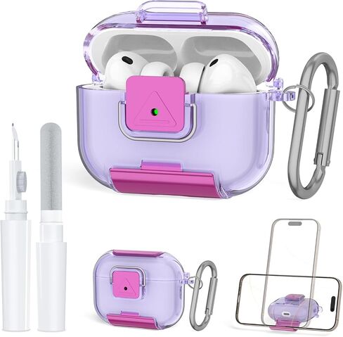 حافظة قفل آمنة لحافظة AirPods Pro 3 مع حامل هاتف، غطاء حماية ناعم مقاوم للصدمات من مادة TPU لـ AirPods Pro 3rd Gen Clear Air pod pro 3 مع قلم تنظيف وسلسلة مفاتيح (أرجواني شفاف) in Kuwait