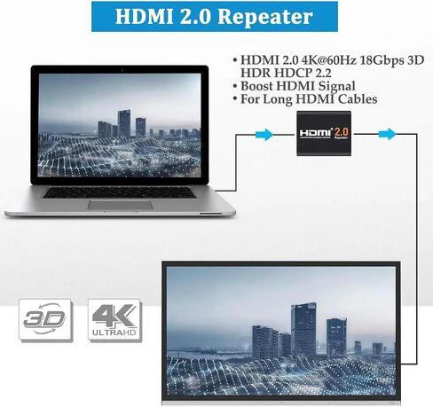 4K@60Hz Signal Booster Repeater HDMI 2.0, 18Gbps Amplifier Up to 200ft, 3D HDCP 2.2, Gold-Plated, No Power Required, for HDTV PS4 Oculus Long Cable Runs in Kuwait