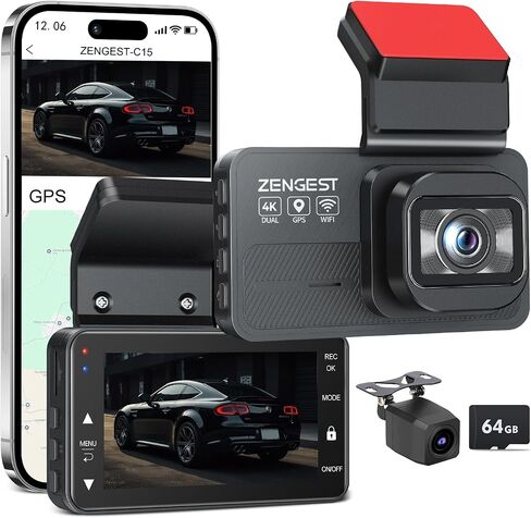 Dash Cam Front and Rear, 4K+1080P FHD Dual Camera with ADAS, GPS, 5G WiFi & App Control, 64GB Card Included, G-Sensor, Night Vision, Loop Recording, 170°Wide Angle, WDR, 24H Parking Mode in Kuwait