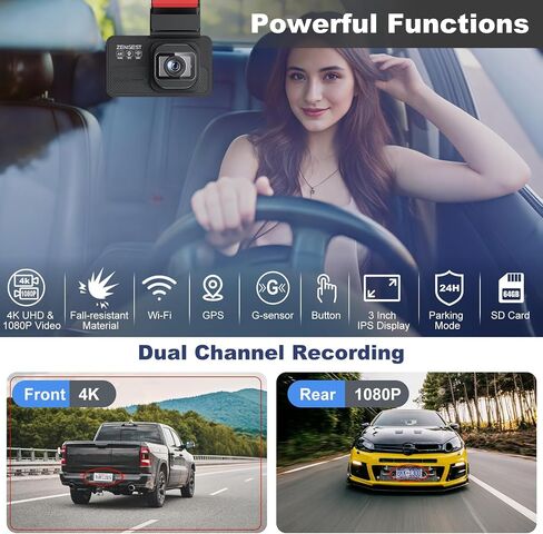 Dash Cam Front and Rear, 4K+1080P FHD Dual Camera with ADAS, GPS, 5G WiFi & App Control, 64GB Card Included, G-Sensor, Night Vision, Loop Recording, 170°Wide Angle, WDR, 24H Parking Mode in Kuwait