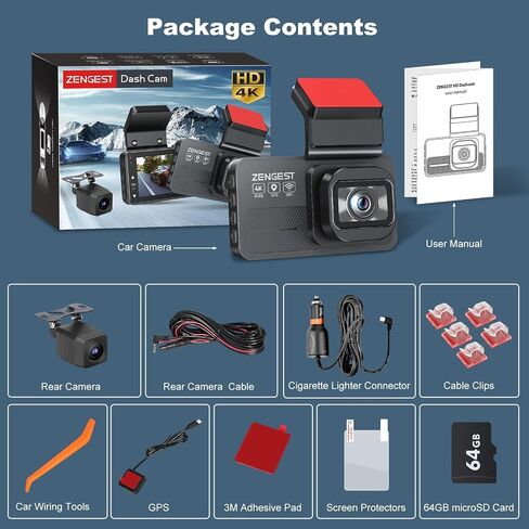 Dash Cam Front and Rear, 4K+1080P FHD Dual Camera with ADAS, GPS, 5G WiFi & App Control, 64GB Card Included, G-Sensor, Night Vision, Loop Recording, 170°Wide Angle, WDR, 24H Parking Mode in Kuwait