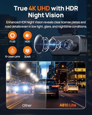 【70mai Dash Cam 4K A810 Lite + Hardware Kit UP05】70mai A810 Lite 4K Dash Cam Front and Rear, 5Ghz WiFi 6 DashCam, Car Camera with 4G LTE Remote Access, GPS Tracking, HDR Night Vision, 24H Parking Mode in Kuwait