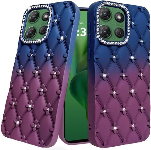 for Motorola Moto G Power 5G 2025 XT2515V Floral Joy Glitter Cover Phone Case + Tempered Glass + Extreme Band (Blue/Burgundy) in Kuwait