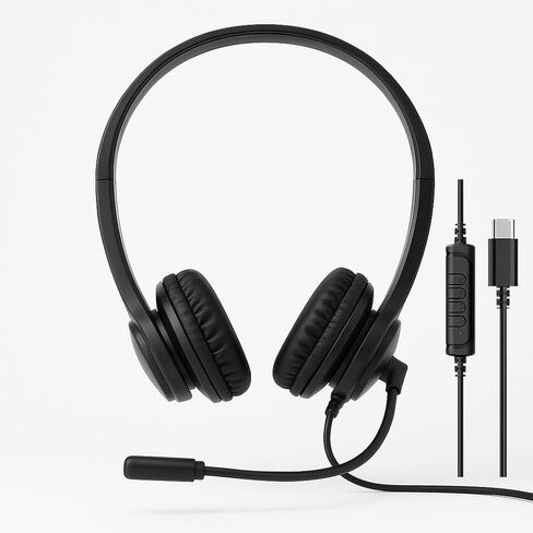 USB-C Headset with Boom Microphone, Black, Stereo Wired Headphones, Over-Ear Design, Inline Controls, Model ZRX-500 in Kuwait