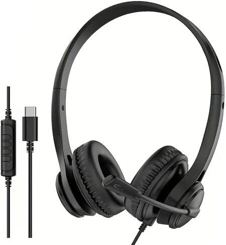 USB-C Headset with Boom Microphone, Black, Stereo Wired Headphones, Over-Ear Design, Inline Controls, Model ZRX-500 in Kuwait