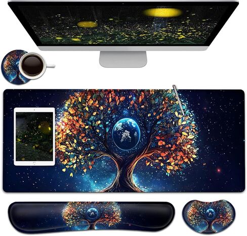 Large Mouse Pad + Keyboard Wrist Rest Set, Extended Gaming Mousepad (31.5X11.8 inch) with Non-Slip Rubber, Ergonomics Memory Foam Mouse Wrist Rest Support, Purple Flowers Painting XXL Desk Pad in Kuwait