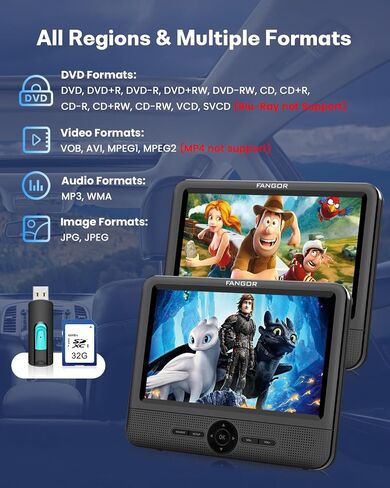 Car DVD Player Dual Screen, FANGOR 7.5 Inch DVD Player for Car Play The Same or Two Different Movies with Headrest Straps, Support Last Memory, AV Out/in, USB/SD Card, All Regions in Kuwait