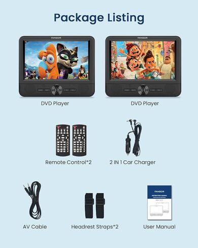Car DVD Player Dual Screen, FANGOR 7.5 Inch DVD Player for Car Play The Same or Two Different Movies with Headrest Straps, Support Last Memory, AV Out/in, USB/SD Card, All Regions in Kuwait