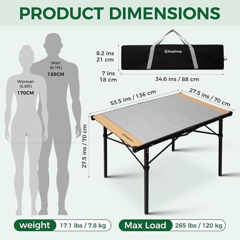 KingCamp 53.5" Bamboo Aluminum Camping Table, 265 LBS Roll-Up Table in Kuwait