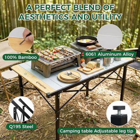 KingCamp 53.5" Bamboo Aluminum Camping Table, 265 LBS Roll-Up Table in Kuwait