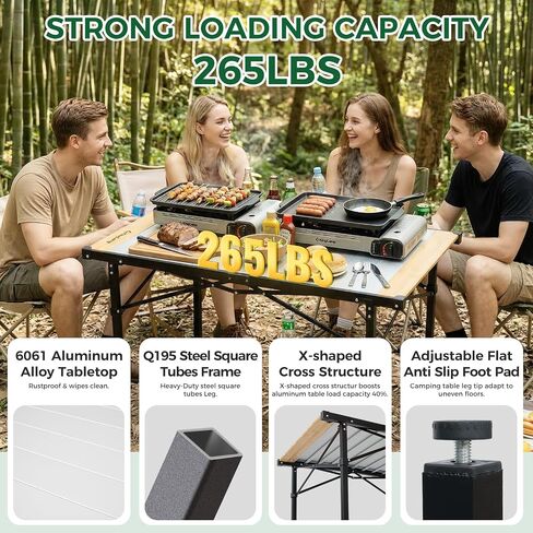 KingCamp 53.5" Bamboo Aluminum Camping Table, 265 LBS Roll-Up Table in Kuwait